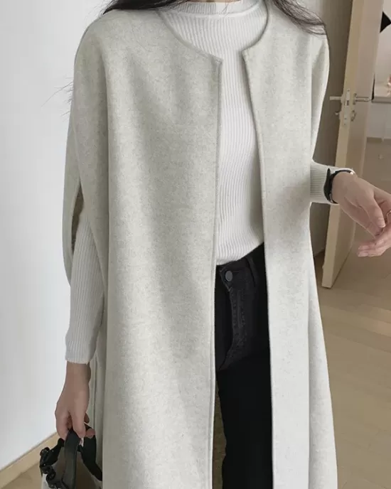 Solid Color Loose Sleeveless Round-Neck Outerwear Cape