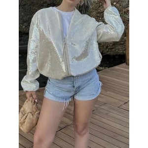 Sequined Zipper Loose Puff Sleeves Round-Neck Outerwear Jackets