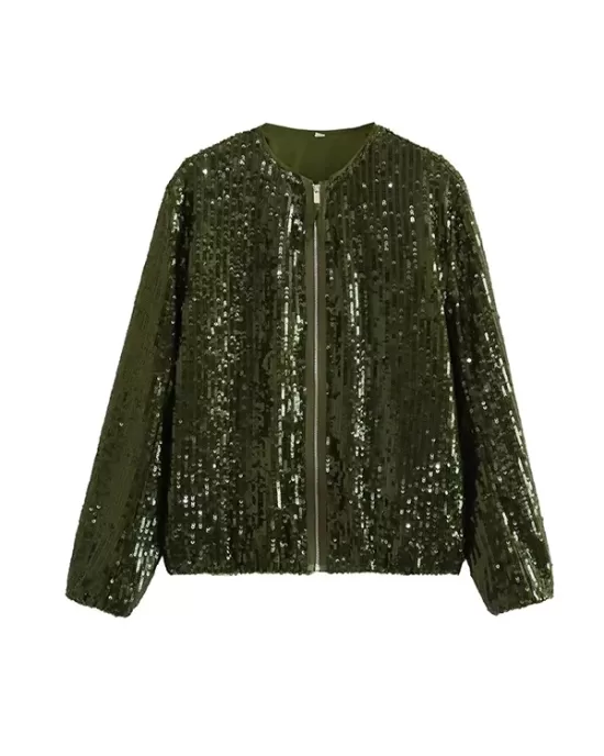 Sequined Zipper Loose Puff Sleeves Round-Neck Outerwear Jackets