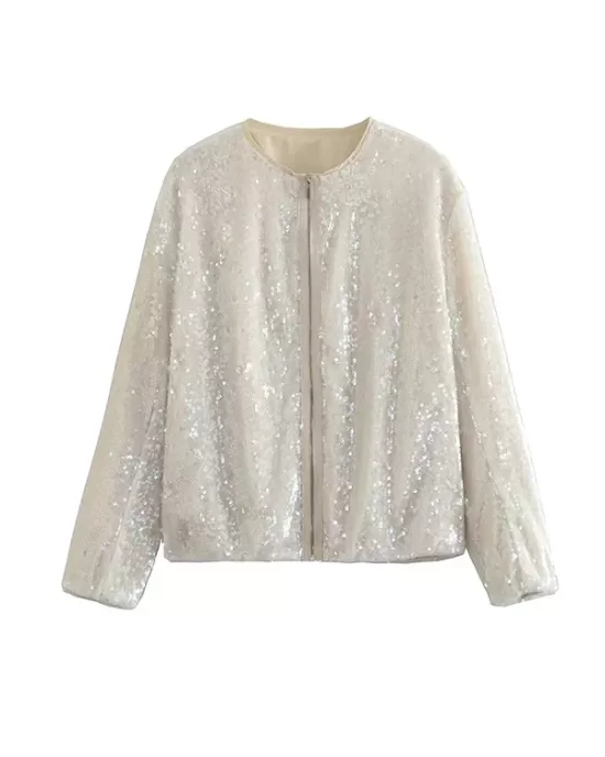 Sequined Zipper Loose Puff Sleeves Round-Neck Outerwear Jackets