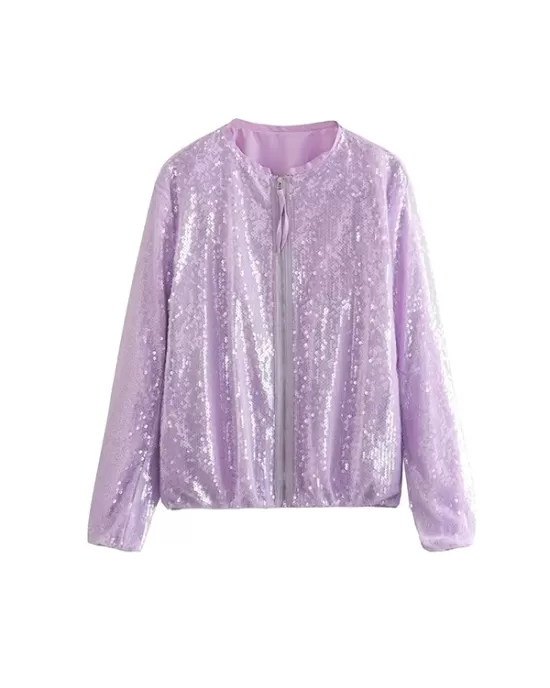 Sequined Zipper Loose Puff Sleeves Round-Neck Outerwear Jackets