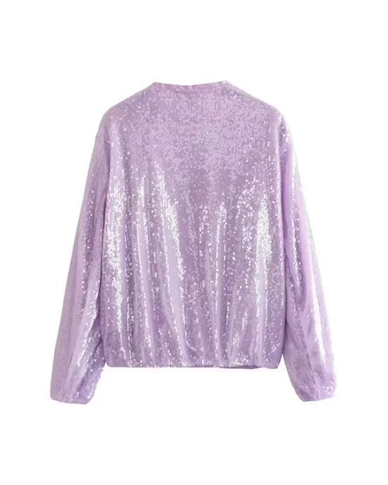 Sequined Zipper Loose Puff Sleeves Round-Neck Outerwear Jackets