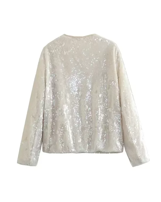 Sequined Zipper Loose Puff Sleeves Round-Neck Outerwear Jackets