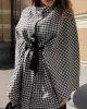 Houndstooth Tied Waist Batwing Sleeves Long Sleeves Stand Collar Outerwear Cape