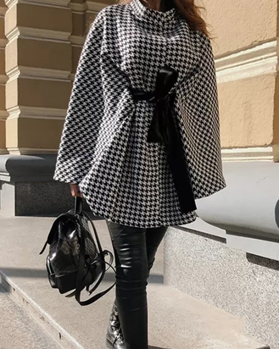 Houndstooth Tied Waist Batwing Sleeves Long Sleeves Stand Collar Outerwear Cape