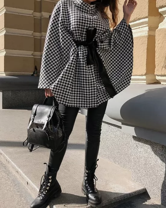 Houndstooth Tied Waist Batwing Sleeves Long Sleeves Stand Collar Outerwear Cape