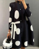 Long Sleeves Loose Asymmetric Buttoned Polka-Dot Tied Mock Neck Jackets&Coats Midi Dresses Outerwear