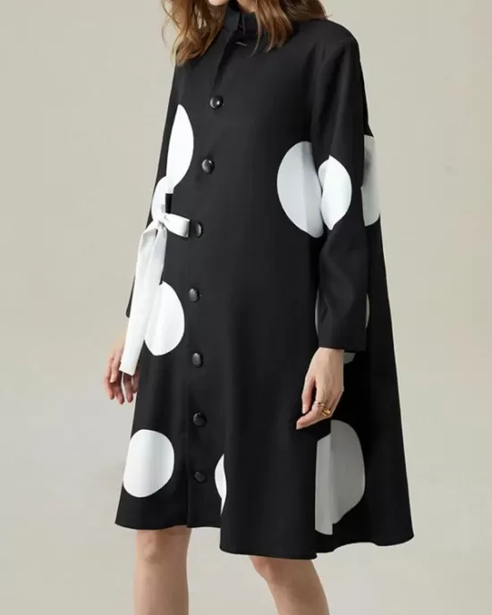 Long Sleeves Loose Asymmetric Buttoned Polka-Dot Tied Mock Neck Jackets&Coats Midi Dresses Outerwear