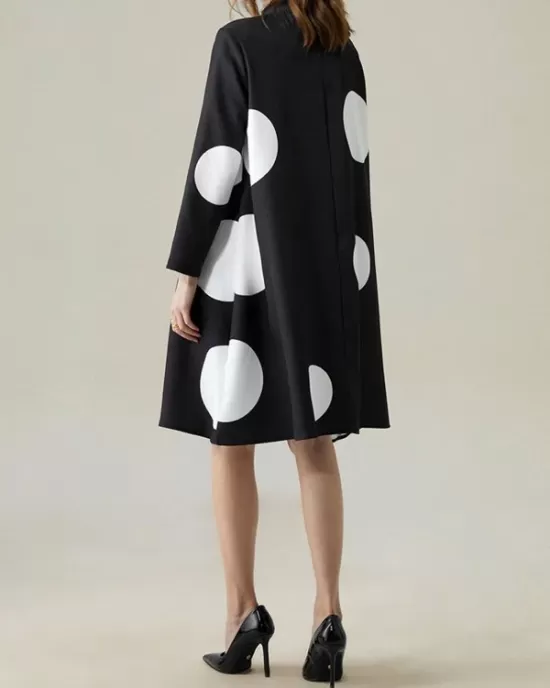 Long Sleeves Loose Asymmetric Buttoned Polka-Dot Tied Mock Neck Jackets&Coats Midi Dresses Outerwear