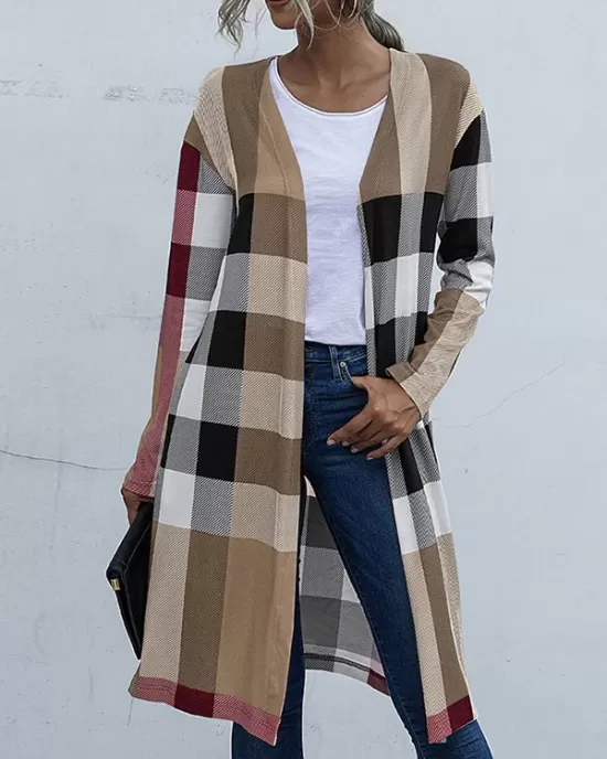 Plaid Long Sleeves Loose Collarless Outerwear