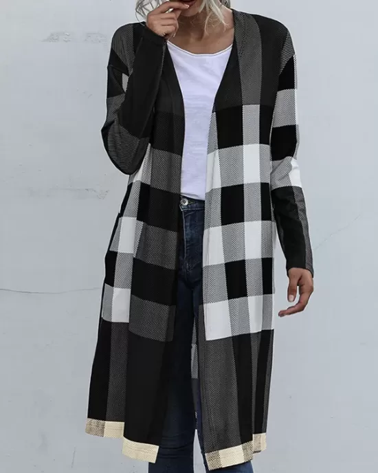 Plaid Long Sleeves Loose Collarless Outerwear