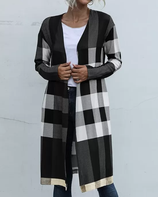 Plaid Long Sleeves Loose Collarless Outerwear