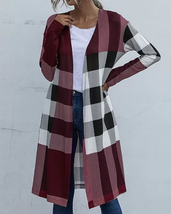 Plaid Long Sleeves Loose Collarless Outerwear