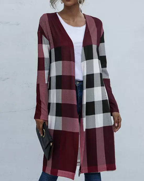 Plaid Long Sleeves Loose Collarless Outerwear