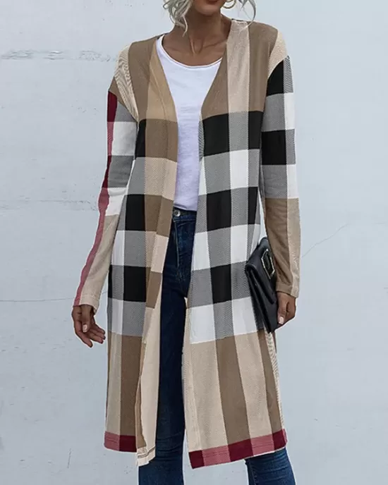 Plaid Long Sleeves Loose Collarless Outerwear