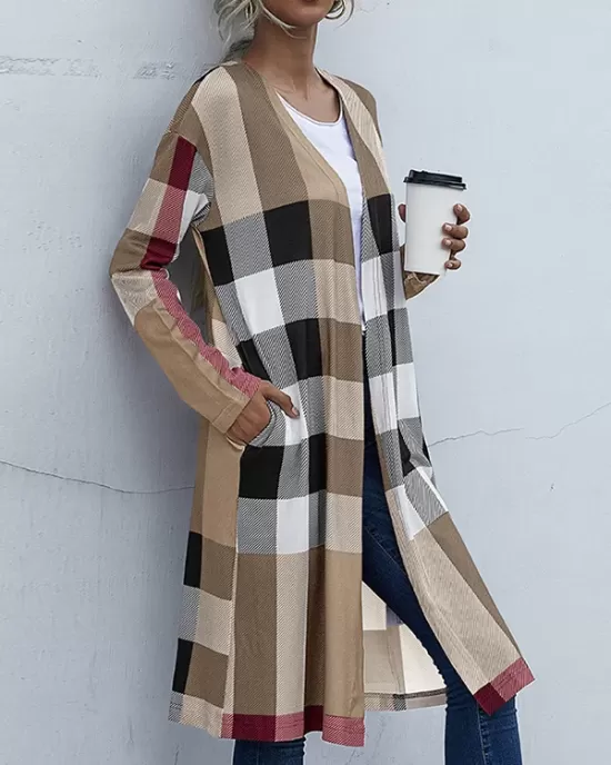 Plaid Long Sleeves Loose Collarless Outerwear