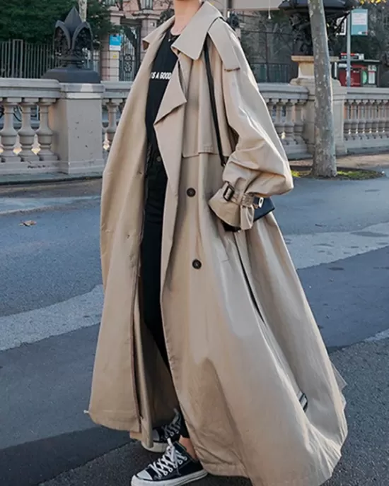 Buckle Buttoned Split-Back Tied Waist Long Sleeves Loose Lapel Trench Coats Outerwear