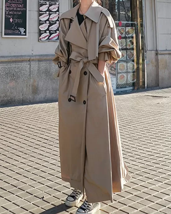 Buckle Buttoned Split-Back Tied Waist Long Sleeves Loose Lapel Trench Coats Outerwear