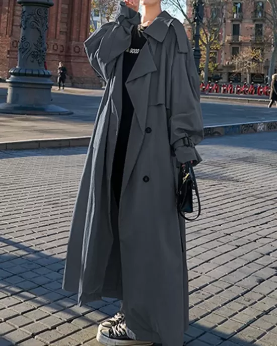 Buckle Buttoned Split-Back Tied Waist Long Sleeves Loose Lapel Trench Coats Outerwear