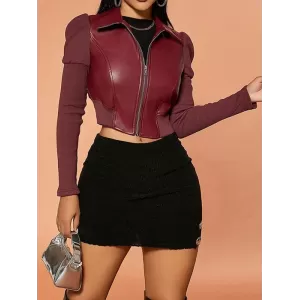 Elasticity Pleated Solid Color Split-Joint Zipper Long Sleeves Puff Sleeves Lapel PU Jackets