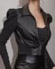 Elasticity Pleated Solid Color Split-Joint Zipper Long Sleeves Puff Sleeves Lapel PU Jackets