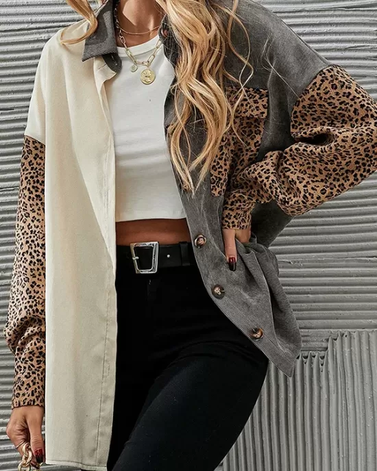 Buttoned Leopard Pockets Split-Joint Long Sleeves Loose Lapel Outerwear Jackets