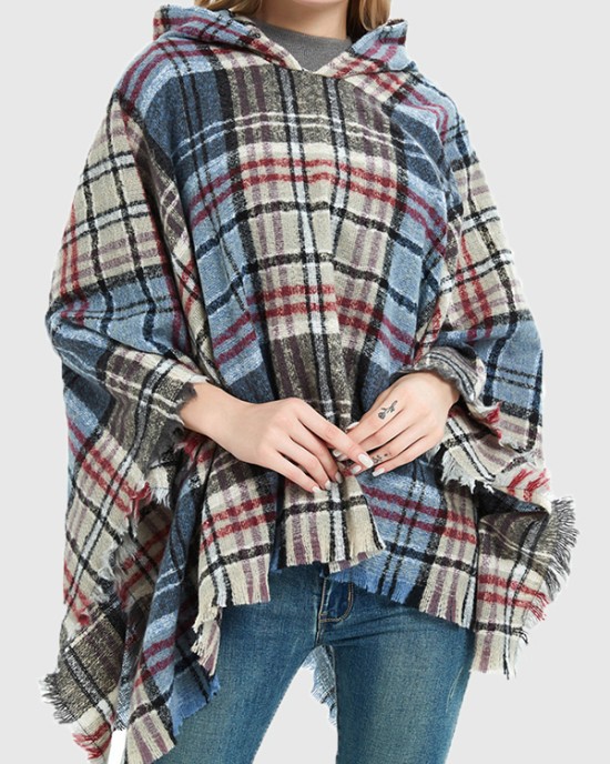 Fringed Hooded Keep Warm Plaid Shawl&Cloak Cape