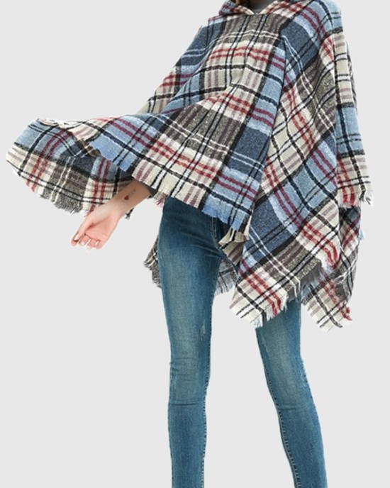 Fringed Hooded Keep Warm Plaid Shawl&Cloak Cape