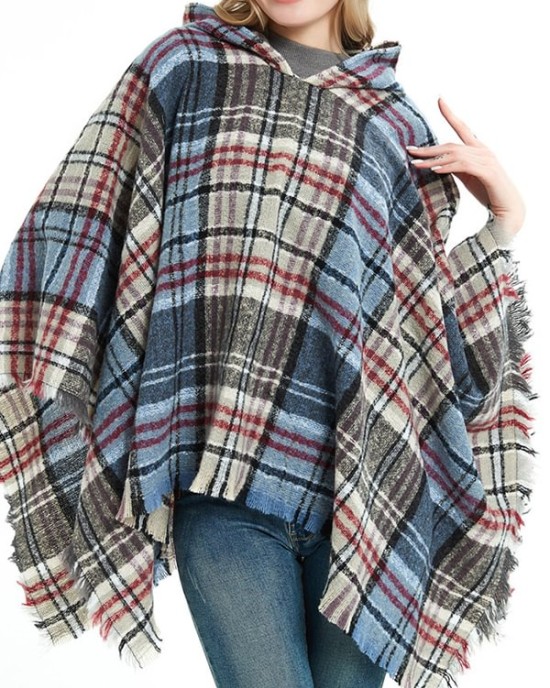 Fringed Hooded Keep Warm Plaid Shawl&Cloak Cape