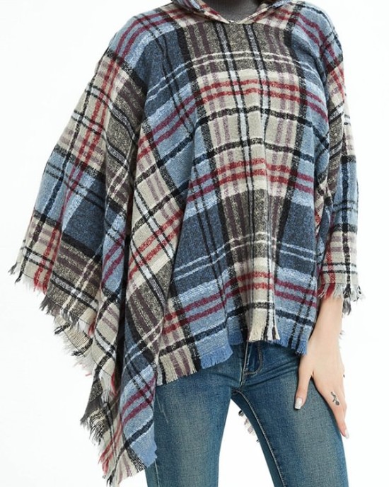 Fringed Hooded Keep Warm Plaid Shawl&Cloak Cape