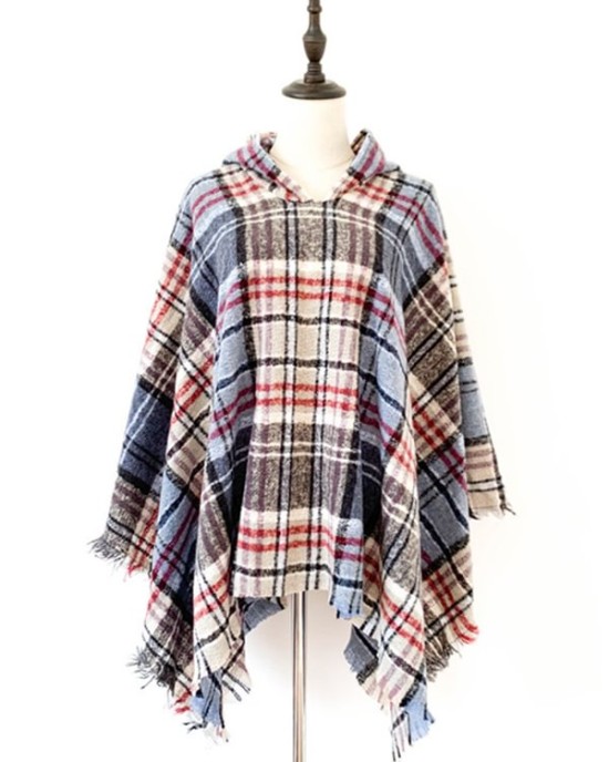 Fringed Hooded Keep Warm Plaid Shawl&Cloak Cape