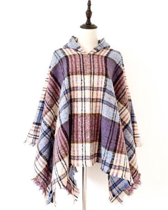 Fringed Hooded Keep Warm Plaid Shawl&Cloak Cape