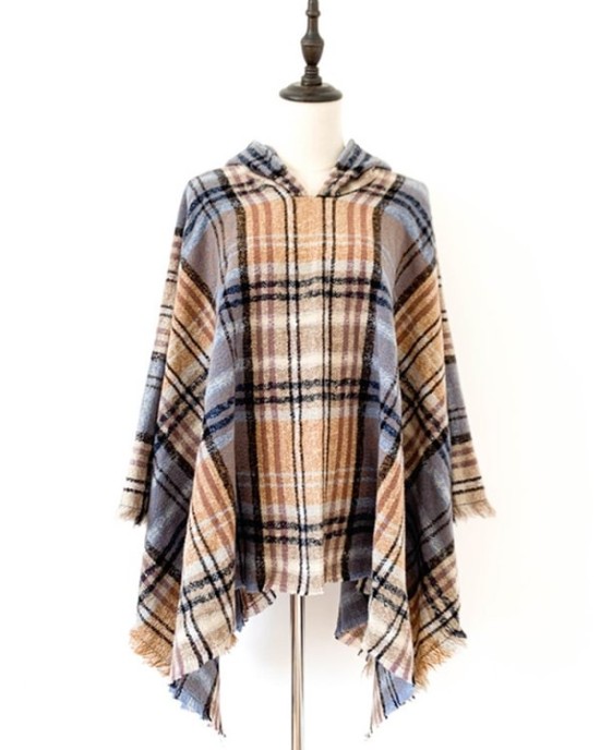 Fringed Hooded Keep Warm Plaid Shawl&Cloak Cape