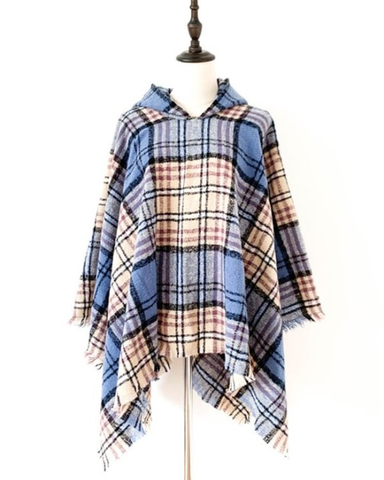 Fringed Hooded Keep Warm Plaid Shawl&Cloak Cape