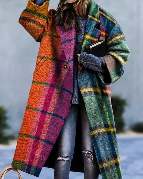 Long Sleeves Loose Contrast Color Plaid Split-Joint Lapel Outerwear Windbreakers Woolen Coat