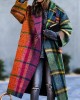 Long Sleeves Loose Contrast Color Plaid Split-Joint Lapel Outerwear Windbreakers Woolen Coat