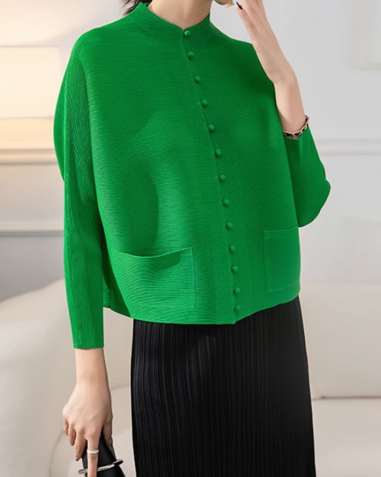 Buttoned Pleated Pockets Solid Color Long Sleeves Loose Round-Neck Outerwear