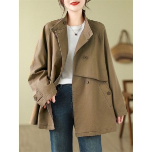 Asymmetric Buttoned Pockets Solid Color Split-Joint Long Sleeves Loose Stand Collar Trench Coats Outerwear