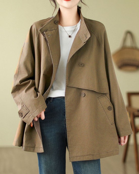 Asymmetric Buttoned Pockets Solid Color Split-Joint Long Sleeves Loose Stand Collar Trench Coats Outerwear