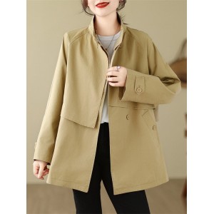 Asymmetric Buttoned Pockets Solid Color Split-Joint Long Sleeves Loose Stand Collar Trench Coats Outerwear