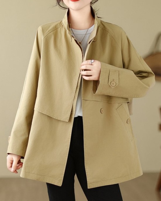 Asymmetric Buttoned Pockets Solid Color Split-Joint Long Sleeves Loose Stand Collar Trench Coats Outerwear