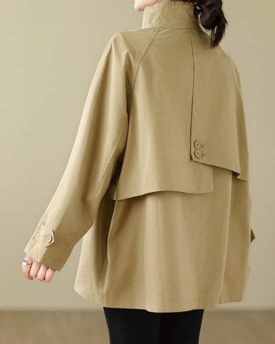 Asymmetric Buttoned Pockets Solid Color Split-Joint Long Sleeves Loose Stand Collar Trench Coats Outerwear