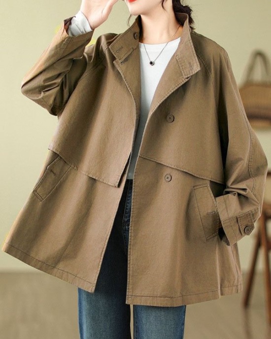 Asymmetric Buttoned Pockets Solid Color Split-Joint Long Sleeves Loose Stand Collar Trench Coats Outerwear