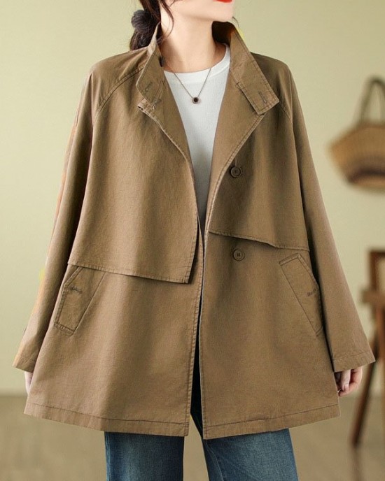 Asymmetric Buttoned Pockets Solid Color Split-Joint Long Sleeves Loose Stand Collar Trench Coats Outerwear