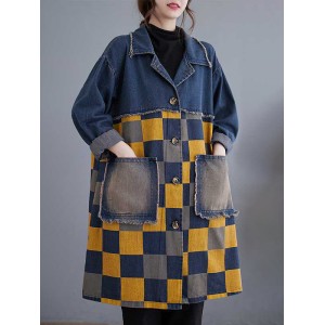 Buttoned Fringed Plaid Pockets Split-Joint Long Sleeves Loose Notched Collar Denim Outerwear