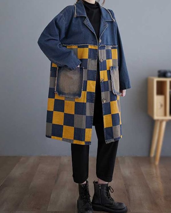 Buttoned Fringed Plaid Pockets Split-Joint Long Sleeves Loose Notched Collar Denim Outerwear