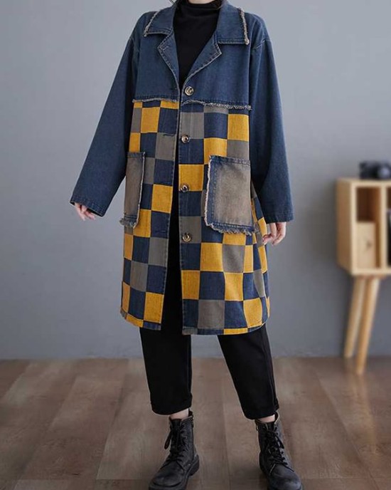 Buttoned Fringed Plaid Pockets Split-Joint Long Sleeves Loose Notched Collar Denim Outerwear