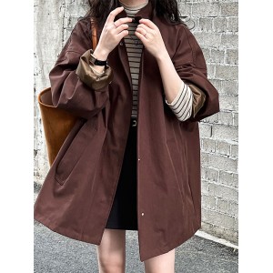 Pockets Solid Color Long Sleeves Loose Stand Collar Trench Coats Outerwear