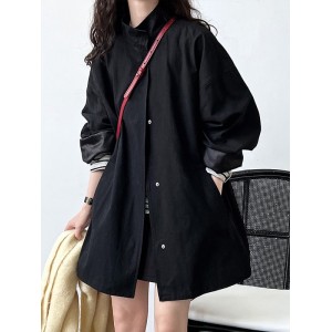 Pockets Solid Color Long Sleeves Loose Stand Collar Trench Coats Outerwear