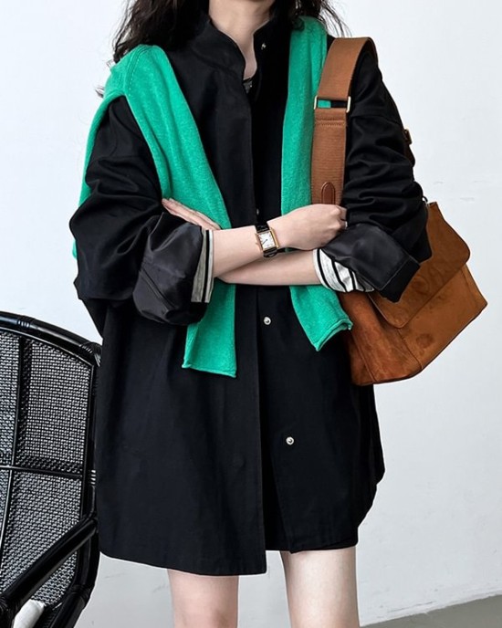 Pockets Solid Color Long Sleeves Loose Stand Collar Trench Coats Outerwear